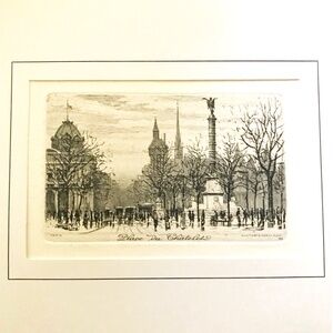 Vintage Charles Pinet Etching of "Place du Chatelet" Paris